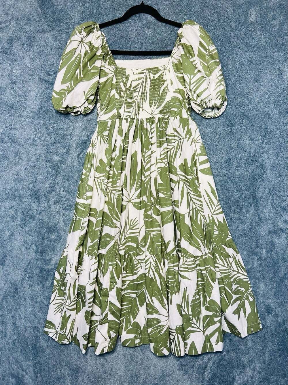 Abercrombie Fitch Tropical Midi Dress XXS Petite Green Puff Sleeve Palm Print - Picture 2 of 9